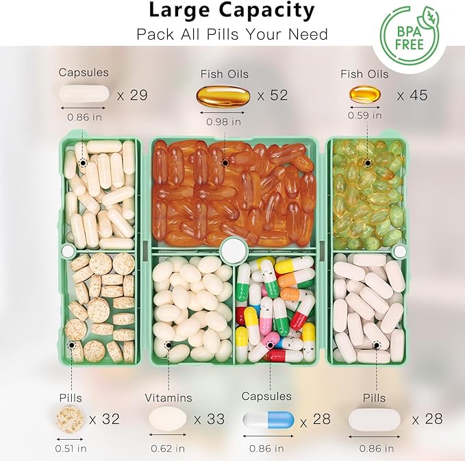 FYY Daily Pill Organizer,7 Compartments Portable Pill Case Travel Pill Organizer,[Folding Design] Pill Box for Purse Pocket to Hold Vitamins,Cod Liver Oil,Supplements and Medication-DarkGreen