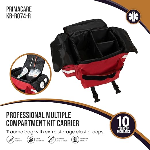 Primacare KB-RO74-R First Responder Trauma Bag, 17" x 9" x 7",Red-EMT/EMS Medical Supply Organizer with Padded Dividers,Multiple Compartments,Side Pockets,Reflective Strip,Durable Design (Pack of 12)