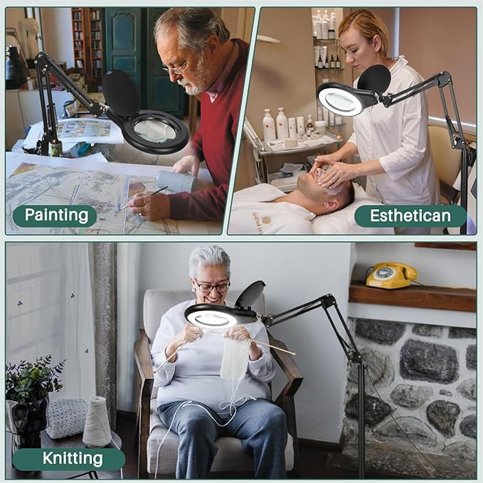 12X Magnifying Glass with Light and Stand, Switch Knob for Multi-Color Modes Dimmable, 3-in-1 Adjustable Swing Arm Floor Lamp, Hands Free Lighted Magnifier for Reading Close Work - Black