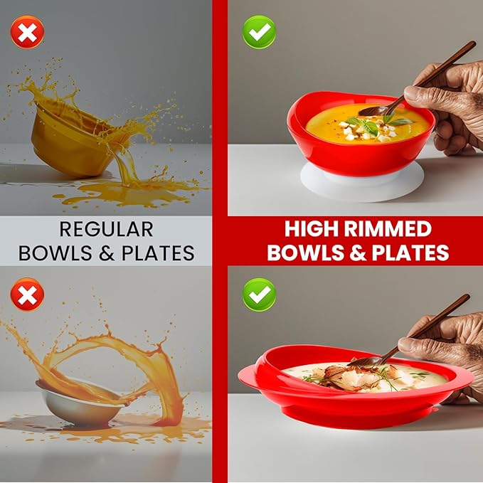 2Pack Spill Proof Scoop Bowl with Non-Skid Suction Base, Adaptive Self-Feeding Dinnerware for Elderly and Disabled(Red)