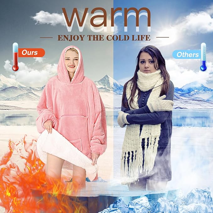 JOYWOO Pink Foldable Wearable Blanket Hoodie,Oversized Cat Lovers Sweatshirt Blanket for Adult, Birthday Gifts for Women,Mom,Men,Cozy Sherpa Hooded Blanket with Giant Pocket and Winter Gifts