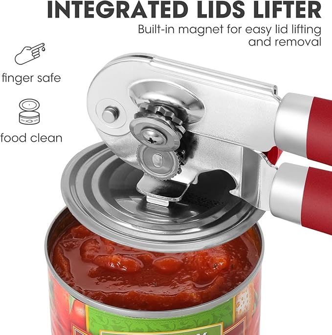 Manual Can Opener, UHIYEE Handheld Can Opener Heavy Duty with High Carbon Sharp Blade, Ease Can Open for Seniors with Comfort Grip Handles, Oversized Turn Knob, Red