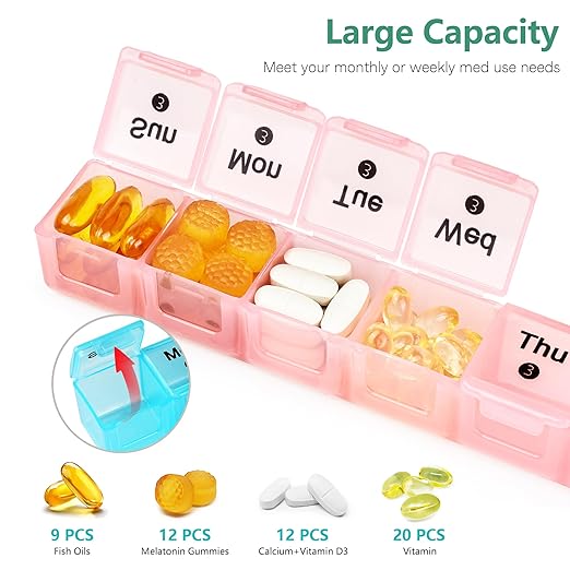 FHORAIN Monthly Pill Organizer 28 Day, 4 Weeks Pill Box 7 Day, XL Weekly Medicine Organizer for Vitamins, Fish Oil, Supplements (Multicolor)
