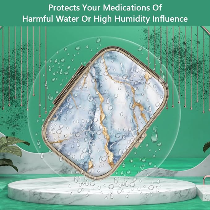 Pill Case Pill Box with Mirror Retro 2 Compartment Small Pill Case for Purse or Pocket Bronze Rectangular Pill Box or Vitamins, Fish Oil, Supplements, Pill Containe Travel Gifts（White Blue Marble）