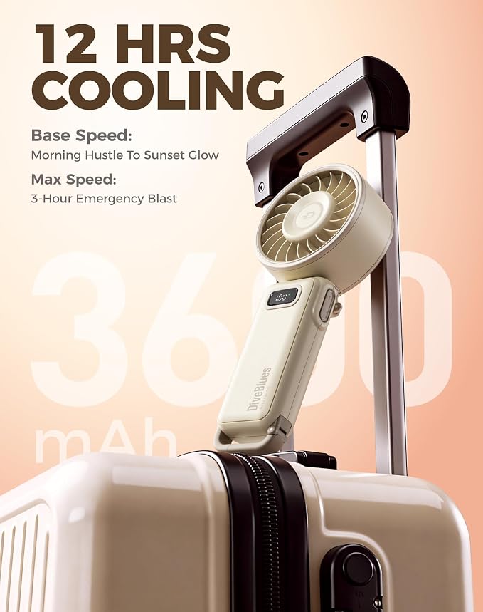 Diveblues Portable Handheld Fan D6036 Cream | 7.4m/s High Speed Turbo, 180° Foldable 4-in-1, Personal Neck Fan with Carabiner Clip, 100 Speed Stepless Control
