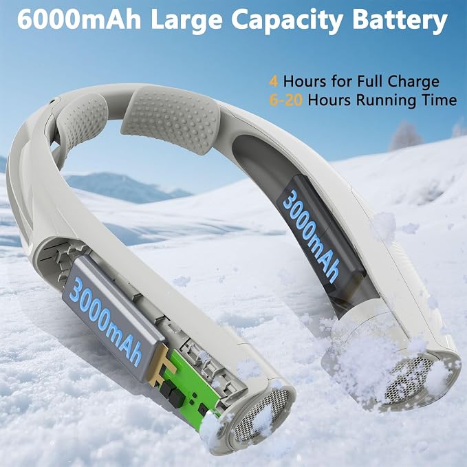 Neck Fan, 6000mAh USB Rechargeable Hands Free Personal Fan, 6 Speeds Adjustable Portable Neck Fans, Faster Cooling Wearable Fan, Ultra Quiet for Outdoor, Travel, Home, Office - Grey