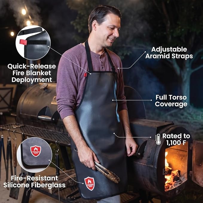 Prepared Hero Fireproof Apron for Grilling & BBQ, Doubles as Fire Blanket, Quick-Release Straps, Fire-Resistant