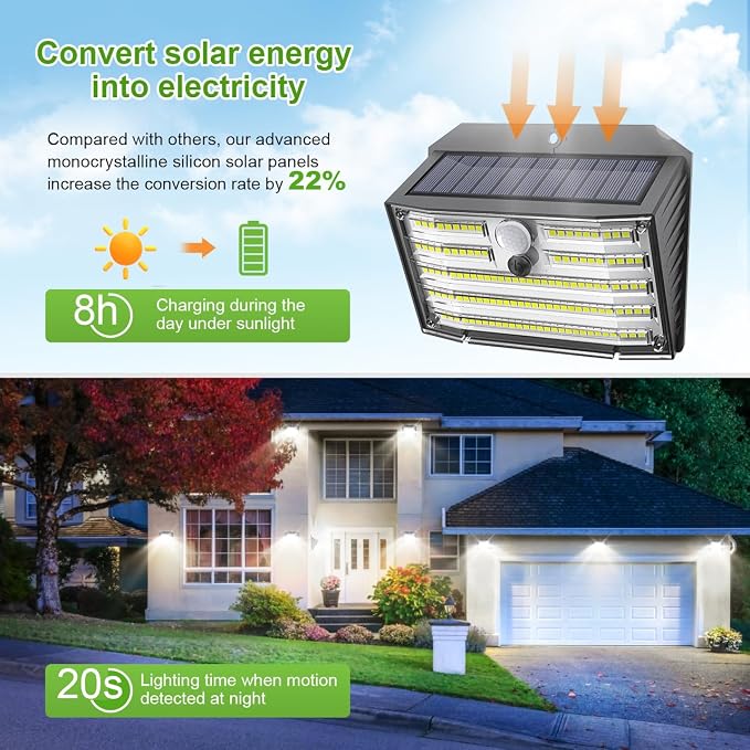 CLAONER Solar Lights Outdoor [𝟖 𝐏𝐚𝐜𝐤/126 LED], Wireless Motion Sensor Lights, IP65 Waterproof Security Lights 3 Modes, 270° Lighting Angle, Ultra-Bright Wall Lights for Deck Patio Fence Garage