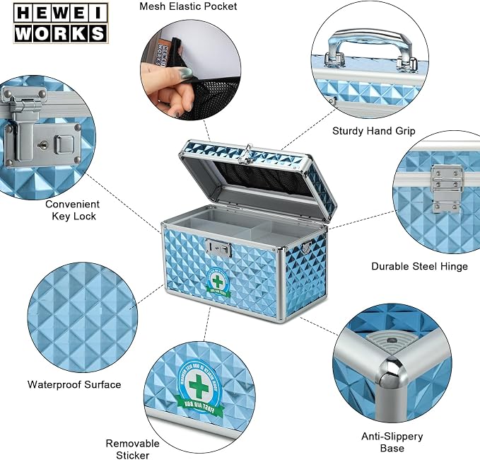 Storage Box with Key Lock, Lockable Medicine Storage Box, Empty First Aid Box, Security Lock Box, Multipurpose Locking Box for Home and Outdoor Use (Blue, Large)