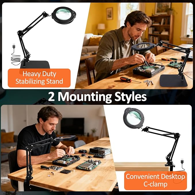 10X 30X Magnifying Glass with Light and Stand, Desktop LED Magnifying Lamp with Base and Clamp, 5 Color Modes, 3 Dimmable Levels Hands Free Magnifying Glasses for Close Work, Reading Crafts Jewelry