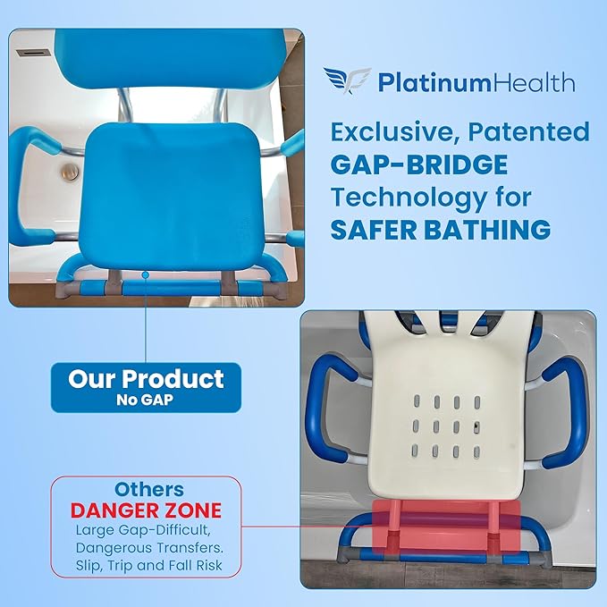 Platinum Health HydroSlide Sliding Shower Chair Swivel Seat for Bathtub, Soft, Padded with industry-exclusive, patented Gap-Bridge safety feature. Padded Armrests. Ideal for Elderly and Seniors (Blue)