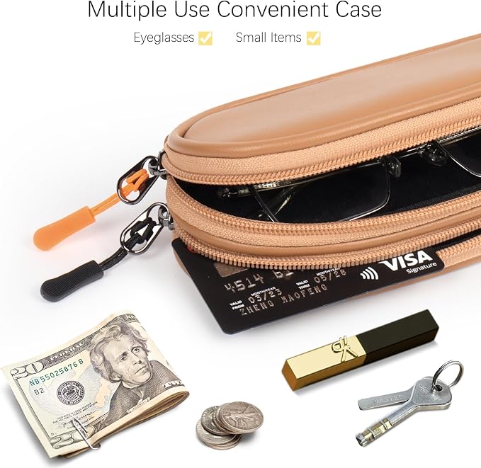 Double Eyeglasses Case Soft Portable Zipper Sunglasses Pouch with Keychain Clip for Men Women