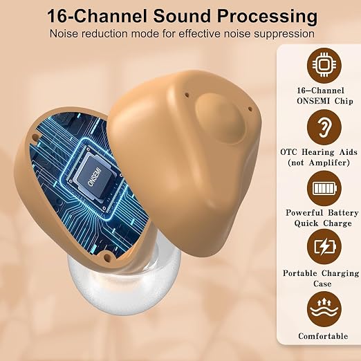 Hearing Aids for Men Women Tinnitus Relief Noise Reduction 16-Channel OTC Hearing Amplifiers for Seniors Hearing Loss, Rechargeable with ONSEMI Chip, Lightweight In-Ear Design Auto On/Off