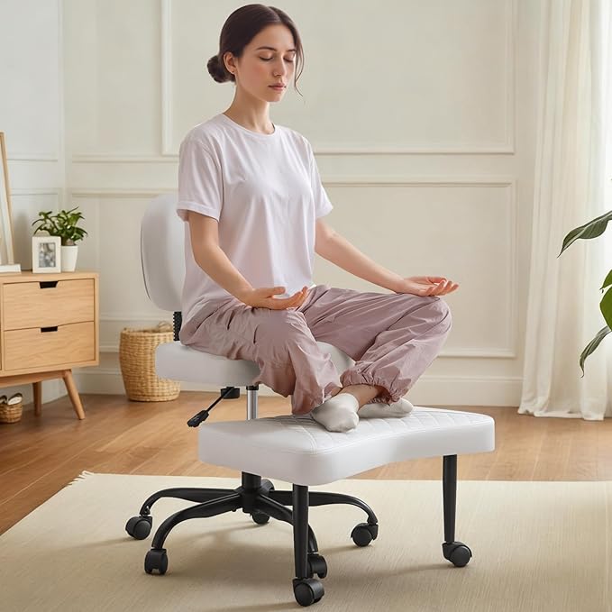 Ergonomic Cross Legged Office Chair with Wheels - Adjustable Height Kneeling Meditation Chairs for ADHD, Yoga & Desk Work - Wide Criss Cross Seat with Lumbar Support, White