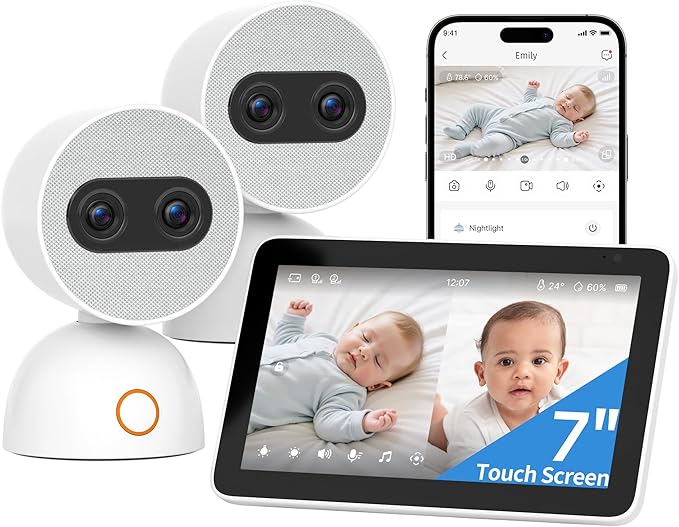 Simsky Split Screen Video Baby Monitor with 2 Cameras, Dual 4MP Cameras with 6X Zoom, 7" UHD Touch Screen Portable Audio Baby Monitor, App Remote Access, 5200mAh Battery, 32GB Local Storage