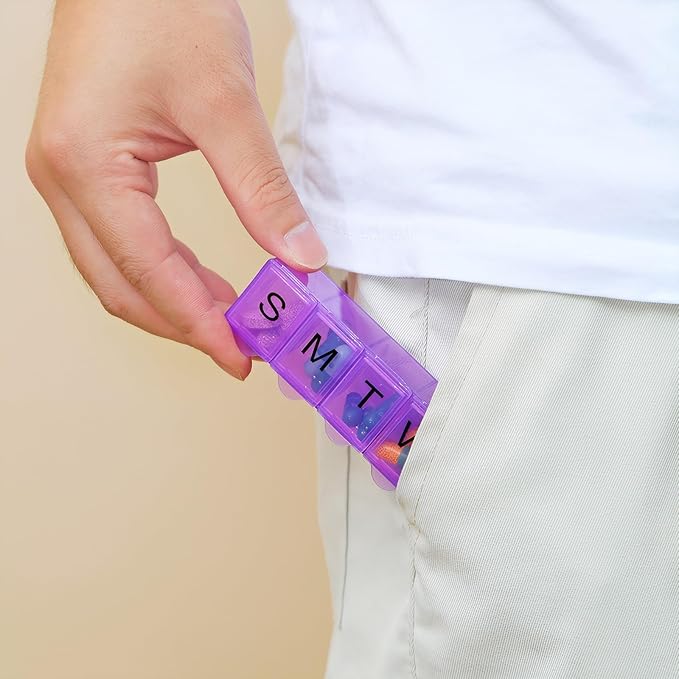 4 Pack Weekly (7-Day) Pill Organizer, 7 Days Pill Case Travel Daily Pill Box Portable Medicine Organizer and Planner with Compartment for Vitamins, Fish Oil, Supplements and Medication (4 Colors)