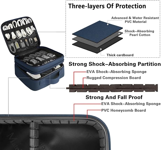 MATEIN Cord Organizer Case with Adjustable Divider, DJ Cable File Bag | Electronic Storage, Tech Accessories, Charger Cable Organizer, Cord Bag, Double Layer, Shockproof, USB Cable Organizer, Blue