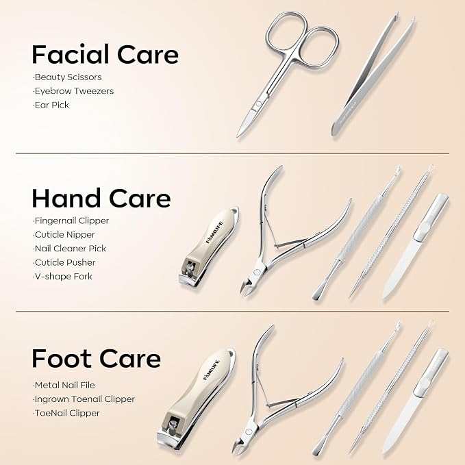 FAMILIFE Manicure Set, Nail Clippers Pedicure Tool, 8 pcs Stainless Steel Manicure Kit Professional Grooming Tool, Nail Kit with Portable Brown Leather Travel Case Luxury Gifts for Men Women