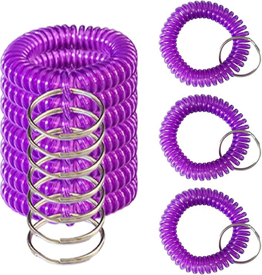 10 Pieces Wrist Coil Keychain Spiral Key Ring, Clear Purple | Wristband Bracelet Key Holder for Pool Gym ID Badge