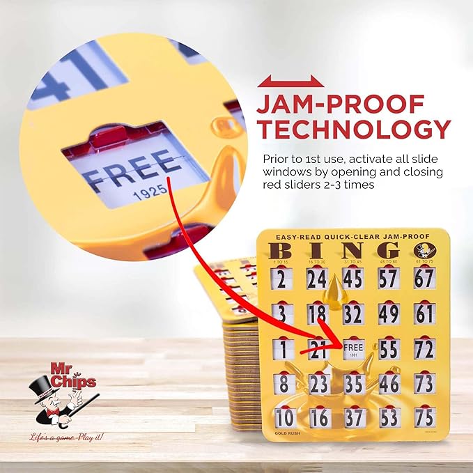 MR CHIPS Jam-Proof Easy-Read Quick-Clear Large Print Fingertip Slide Bingo Cards with Sliding Windows 100 Pack in Gold Rush Style