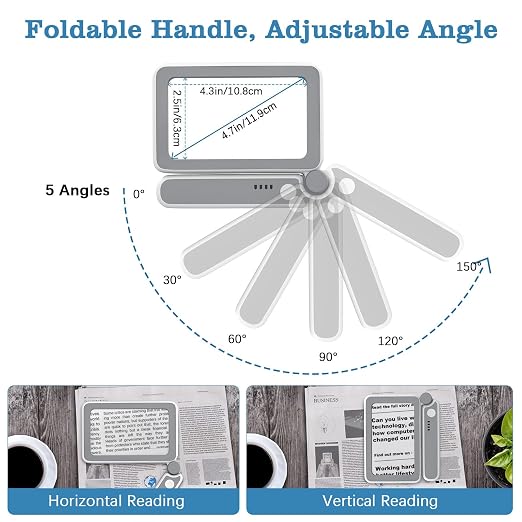 MoKo Magnifying Glass with Light, 4X Full-Page Folding Magnifier | Rechargeable magnifying glass for reading has 10 LEDs, 3 light levels and a 4.3 x 2.5 inch acrylic lens; grey.