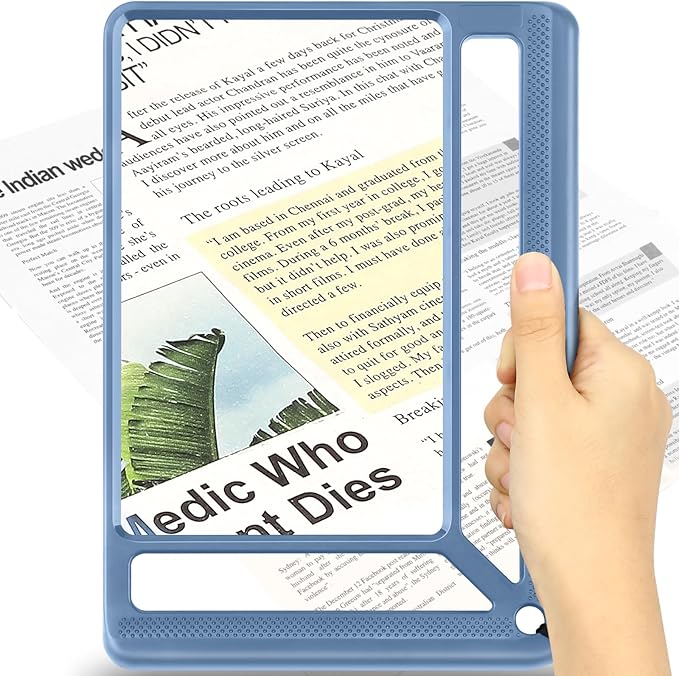 AKKYCVS 5X Full Page Magnifying Glass for Reading, Lightweight Rectangular Magnifier Provides Large Book Page Viewing Area, Handheld Magnifier for Reading Small Prints for Seniors, Low Vision-Blue