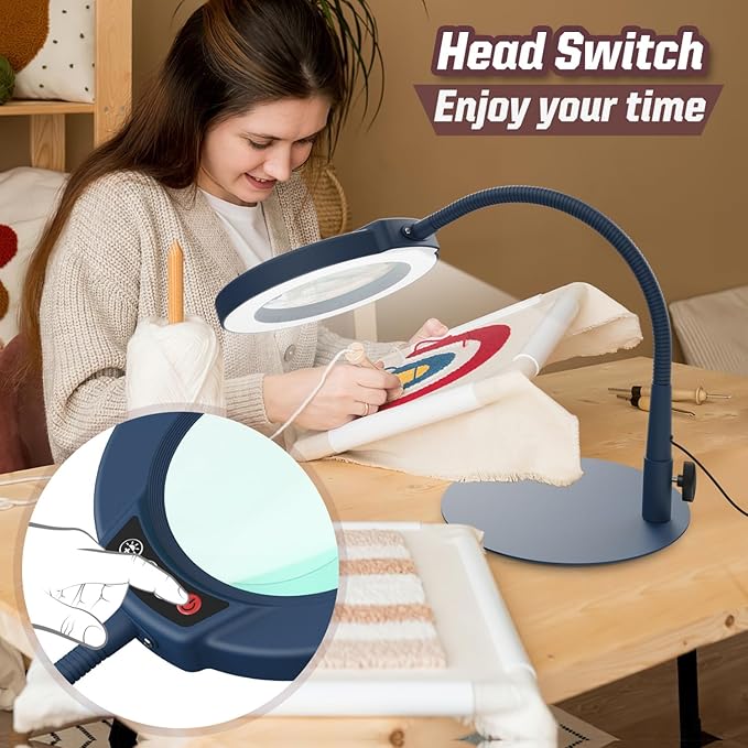 10X Magnifying Glass with Light and Stand, 5 Color Modes Stepless Dimmable LED Lighted Desk Lamp, Hands Free Flexible Gooseneck Magnifier with Light for Craft Hobby Painting Close Work - Blue