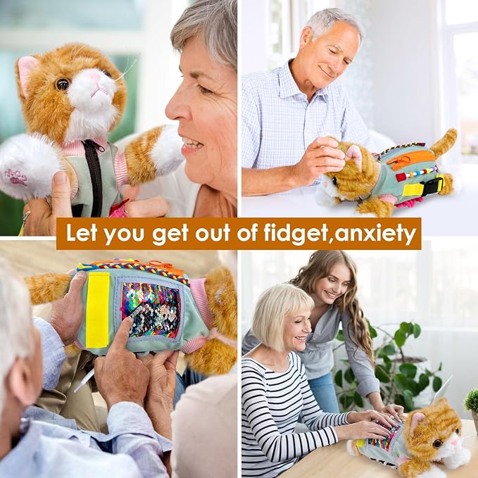 Fidget Muff Cat and Blanket for Elderly | Dementia Products for Elderly Fidget Blanket for Adults with Stuffed Cat | Fidget Blanket for Seniors Alzheimer's Activities | Sensory Fidget Toys