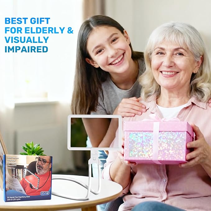 5X Neck Magnifying Glass with Light, Magnifier with Light Hands Free, Full Book Page Magnifier with 3 Light Modes, Flexible Gooseneck for Seniors Reading Low Vision (White)