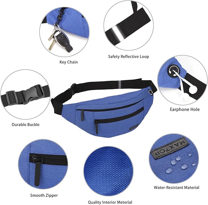 Large Blue Crossbody Fanny Pack for Women Men,Idea Gift for Travel Running | 4-Zipper Pockets,Key Chain,Polyester,Ideal Gifts for Enjoy Sports Traveling Yoga Casual Hands-Free Waist Carrying All Phones