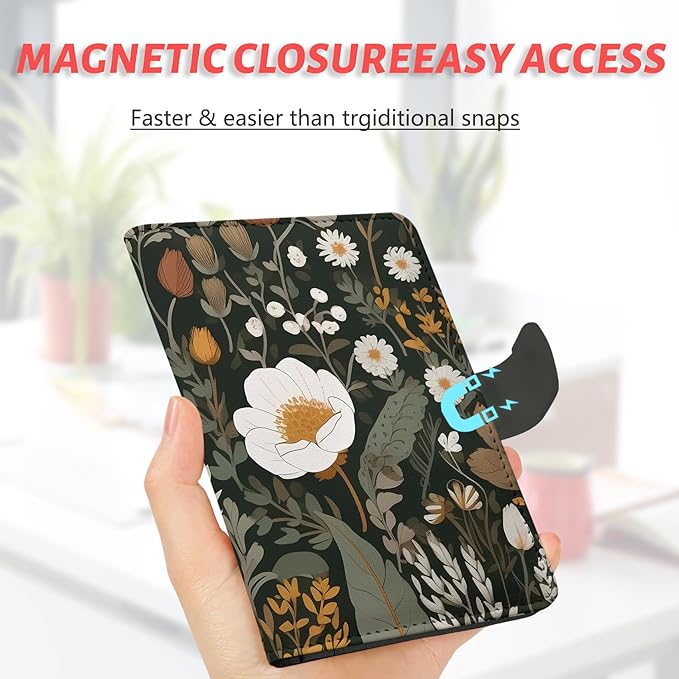 Passport Holder, Cute Travel Wallet Cover with RFID Blocking,flower | PU leather travel wallet with magnetic closure, card slots, pen loop, and easy access for passports and essentials.