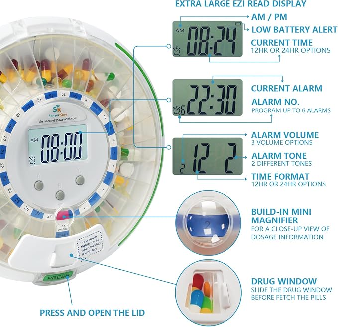 Automatic Pill Dispenser with Safety Lock for Seniors, Dementia | Light & Sound Alarm, 28-Day Electronic Medication Dispenser Up 6 Times/Day, Easy Read Display, Clear Lid