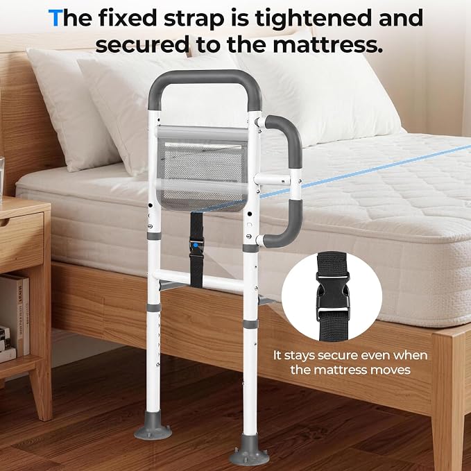 Bed Rails for Elderly Adults Safety, ASTM Tested 400 LBS Bed Assist Rail with Side Assist Handle, Ergonomic Foam Grip, Bed Cane for Seniors, Adjustable Height Thickened Carbon Steel Frame (White)
