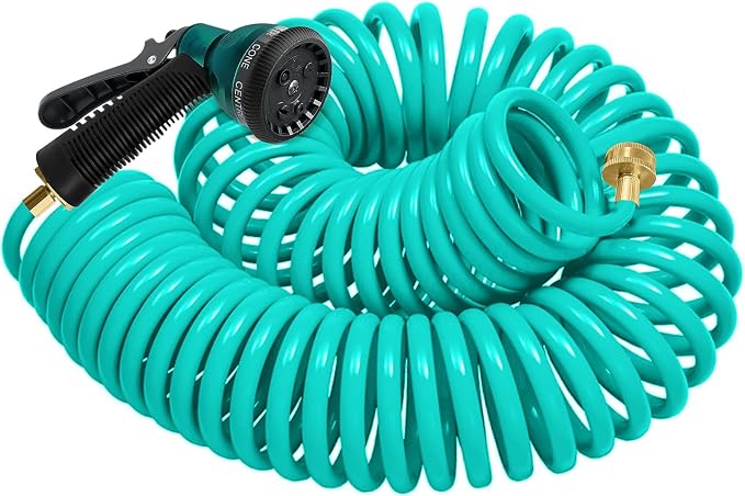 Coil Hose 50FT EVA Coil Garden Hose With 3/4'' Brass Connector Coiled Water Hose Lightweight And No Kink Includes 7 Patterns Spray Nozzle For Outdoors Lawn Watering Car Washing