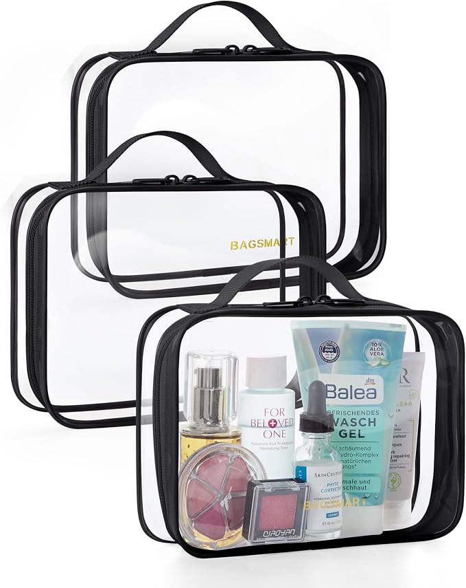 BAGSMART Clear Toiletry Bag with Handle 3-Pack TSA Approved, Black | Water-resistant Travel Toiletry Bag, Carry On Travel Accessories Bag, Airport Airline Quart Size Bags Women Men, Makeup Bag