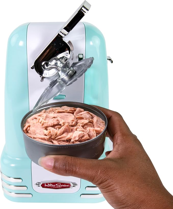 Nostalgia Retro Electric Can Opener for Kitchen with Magnetic Lid Remover, Knife Sharpener, and Soda or Beer Bottle Opener, Aqua