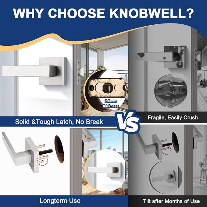 KNOBWELL 4 Pack Brushed Nickel Interior Door Handle, Heavy Duty Square Door Handle Set Passage Door Levers for Closet Hallway(No Lock)