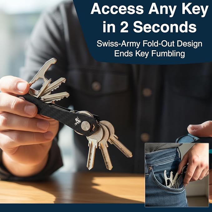 Carbon Fiber Compact Key Holder, Premium Smart Key Organizer Keychain (4-20 Slots), Heavy Duty Minimalist Multikey Folding Pocket Keyholder, Durable Locking Mechanism, Slick Slim Quiet Profile