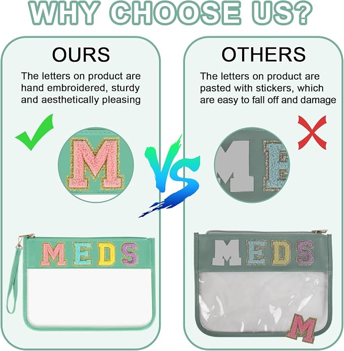 Iqimott Chenille Letter Patch Bag Clear MEDS Drugs Pouch, Preppy Portable Cosmetic Makeup Bag for Women Girls Travel, Waterproof Nylon Zipper Toiletry Medicine Storage Case Stadium Bag(Green, MEDS)