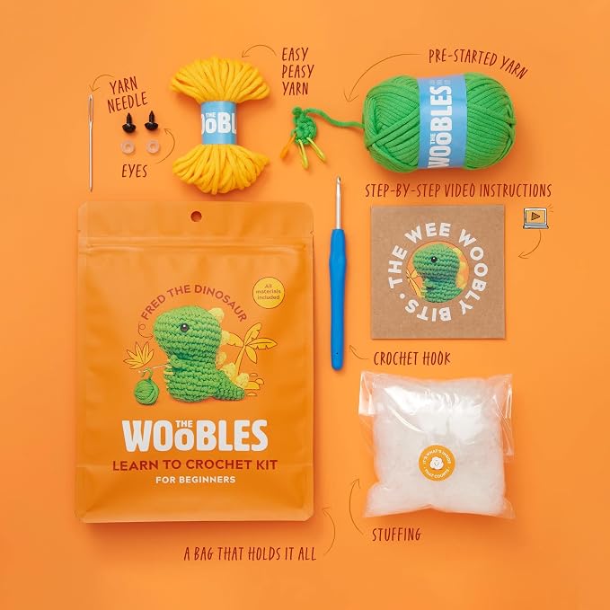 The Woobles Amigurumi Crochet Kit for Beginners (Fred the Dinosaur) | As seen on Shark Tank, Kit includes: Easy Peasy Yarn, pre-started piece, hook, safety eyes, stuffing, video tutorials