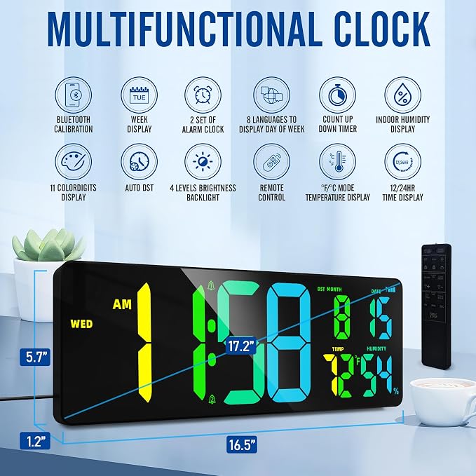TXL 17.2'' Bluetooth Large Digital Wall Clock, LED Large Display Timer with RGB Ambient Lights,Temperature/Humidity, Remote Control, Adjustable Brightness for Home, Office, Classroom