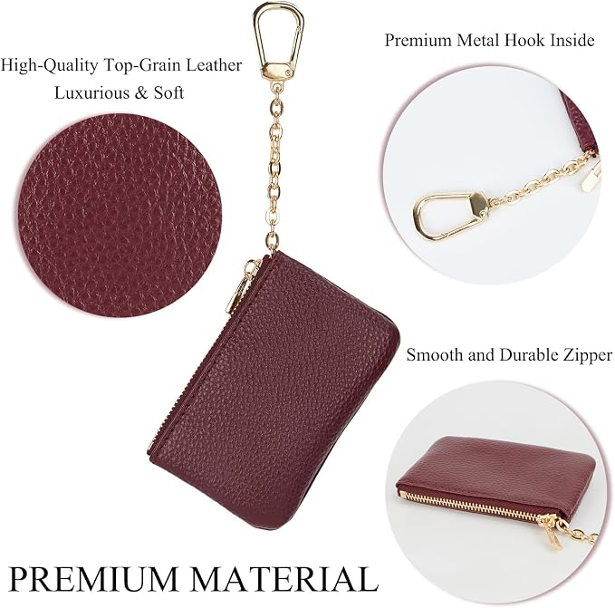 Full Grain Leather Coin Purse with Key Chain - Small Change Purse Keychain Card Holder Keychain Pouch Small Keychain Wallet for Women and Men (Burgundy)