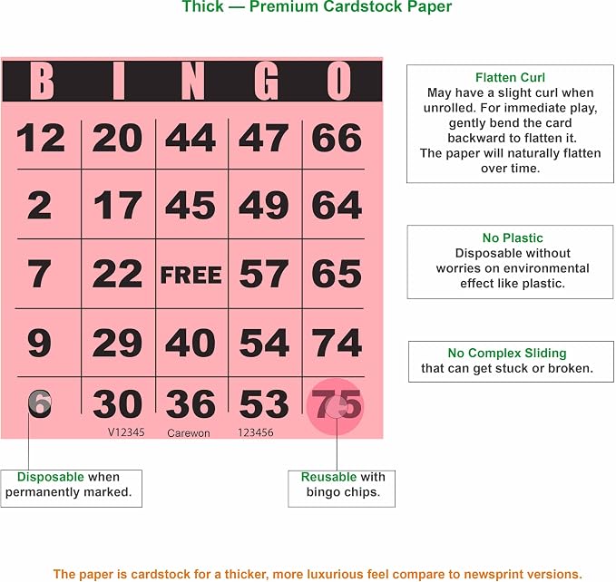 250 Bingo Cards, Large 4.5 x 4.5 Inch, Pink, Paper Bingo Sheets | 8 Color Options, Premium Cardstock, Disposable with Daubers or Reusable with Chips — Proudly Made in USA