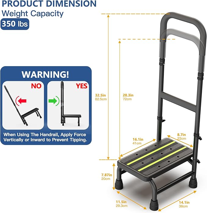 Step Stool with Handle for Elderly Adults, Non Skid Platform & Adjustable Handrail, Medical Stepping Stool for High Bed Mobility & Daily Living Aids, Bedside Car Stair Lift for Senior 350lbs