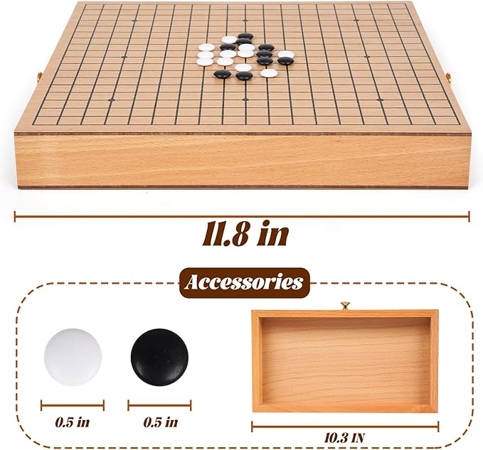 12-Inch Traditional Wooden Go Game Set with Pull-Out Storage Drawers – Classic Weiqi Board Game with Black and White Stones – Premium Wood Go Board for Beginners, Adults, and Professional Players
