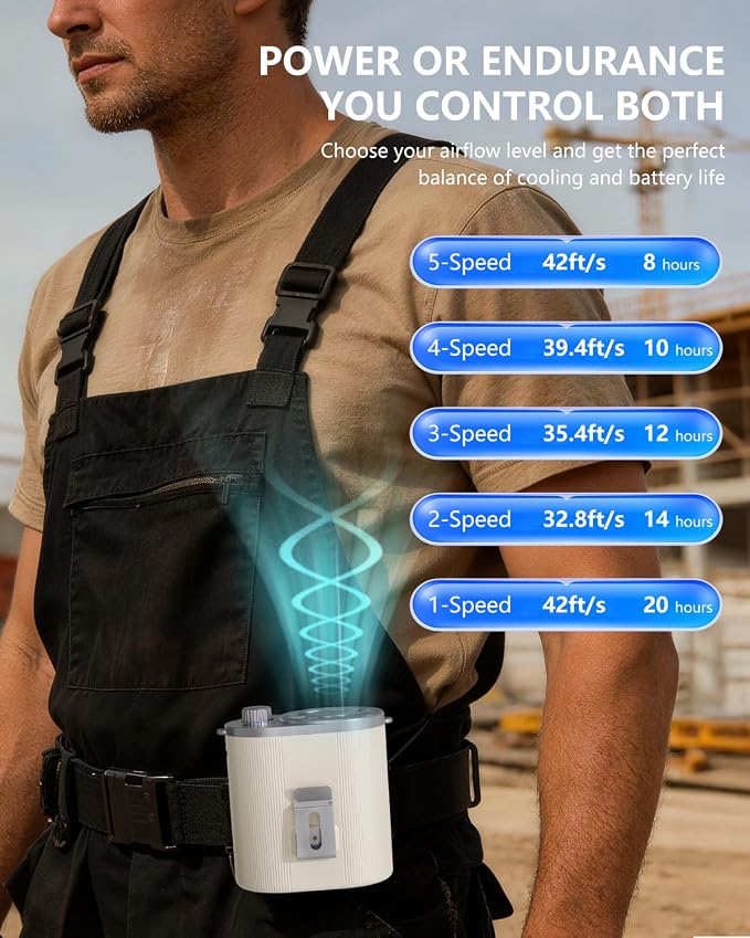 6000mAh Waist Fan with Clip on,Portable 100-Speed Enlarged Fan-blades Personal Belt Fan with LED Light 4-12H of Working Time Hands-Free Neck Fan
