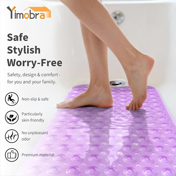 Yimobra Non Slip Bathtub Mat 40 x 16 Inch, Extra Long Shower Mat with Drain Holes, Machine Washable Baby Bath Mats, Strong Suction Cups for Bathroom Floor, Clear Purple