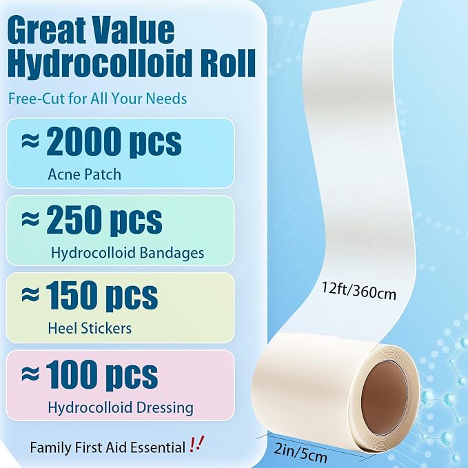 Hydrocolloid Bandages for Wound Care, Medical-Grade Hydrocolloid Roll with Self-Adhesive, Ultra Absorbent, Flexible & Waterproof, Cut-to-Size First Aid Kit Essential (2in*12ft)