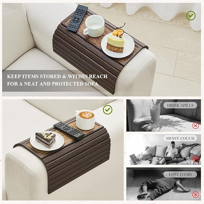 GEHE Sofa Arm Tray Table, Flexible/Foldable Couch Arm Tray for Wide Couch, Sofa Armrest Table Cup Holder Perfect for Foods Drinks Snacks Remote Control or Phone