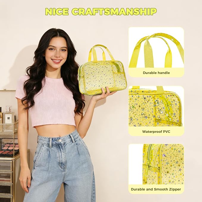 Clear Yellow Star Large Makeup Bag with Star Pattern 12x5x8 inch, Travel Cosmetic Bag with Handle, Durable PVC Material Washbag Zipper Opening Design for Makeup Travel Organizer or Gym Use